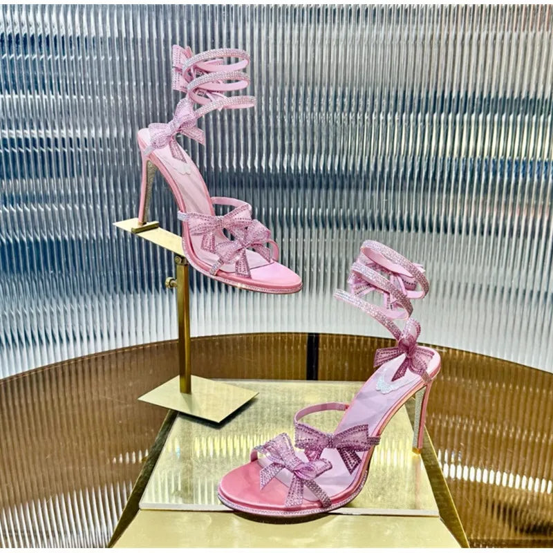 Luxury Rhinestones Mesh Bowknot Snake Coiled Women Gladiator Sandals Sexy Narrow band Thin High heels Summer Wedding Party Shoes