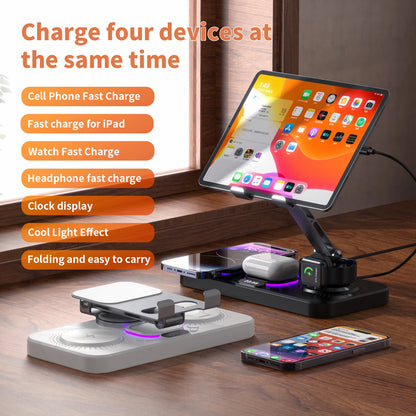 7-in-1 Wireless Charger Station 15W Foldable Fast Charging Alarm Clock Night Light for iPhone 17 16 15 14 Apple Watch AirPods