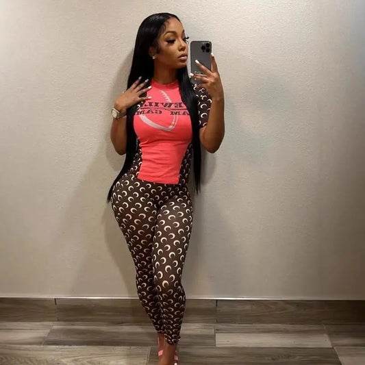 Moon Print 2 Piece Set Women Short Sleeve T Shirt Tight Pants Stretch Slimming Sportswear Sexy Base Fashion