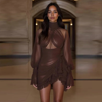 Modern Brown Short Evening Dresses Chiffon Full Sleeves High Collar Cocktail Dresses Pleated Birthday Party Gowns