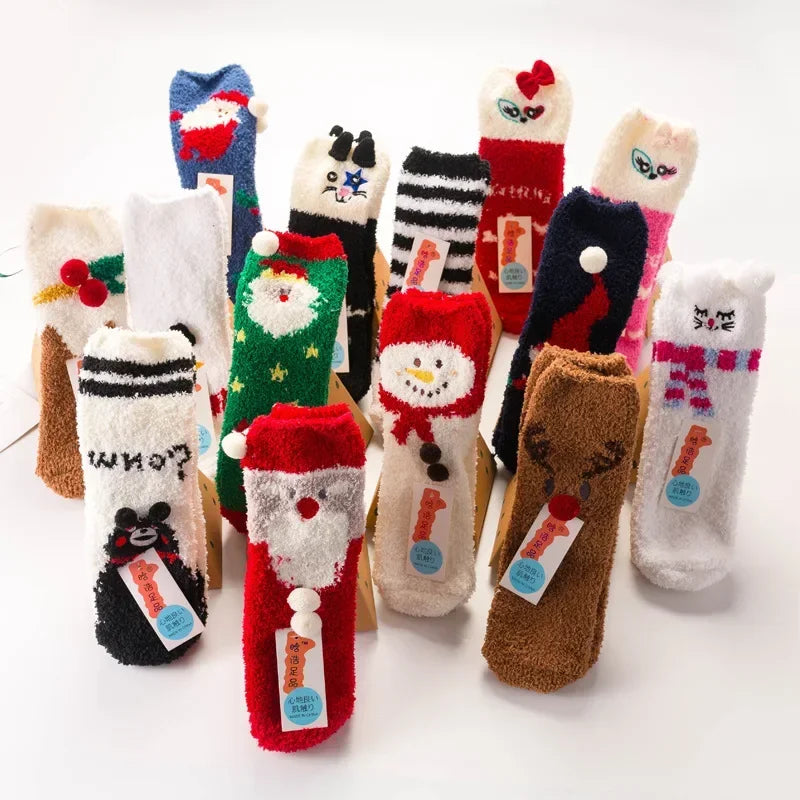 1 Pairs Box Christmas Socks Women Cute Thermal Fluffy Fuzzy Soft Velvet Thermo Sleep Sock Thick Warm Winter Socks New year Gift