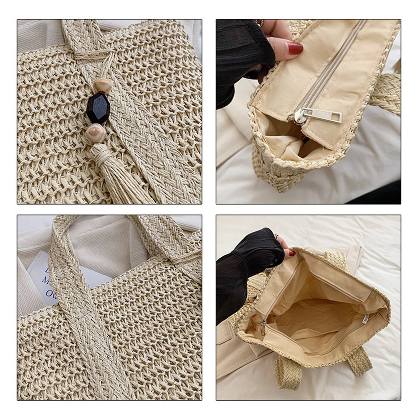 Women Hand Woven Tote Bag Solid Color Large Capacity Square Handbag Straw Shoulder Bag with Tassel Pendant
