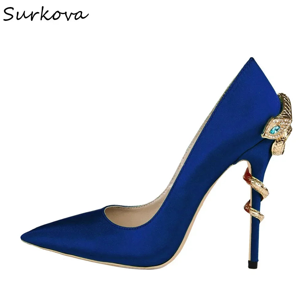 Metal Rhinestone Winding Snake Heels Pumps Women Pointed Toe Stiletto Heel Slip On Satin Pumps 2025 New Sexy Party Catwalk Pumps