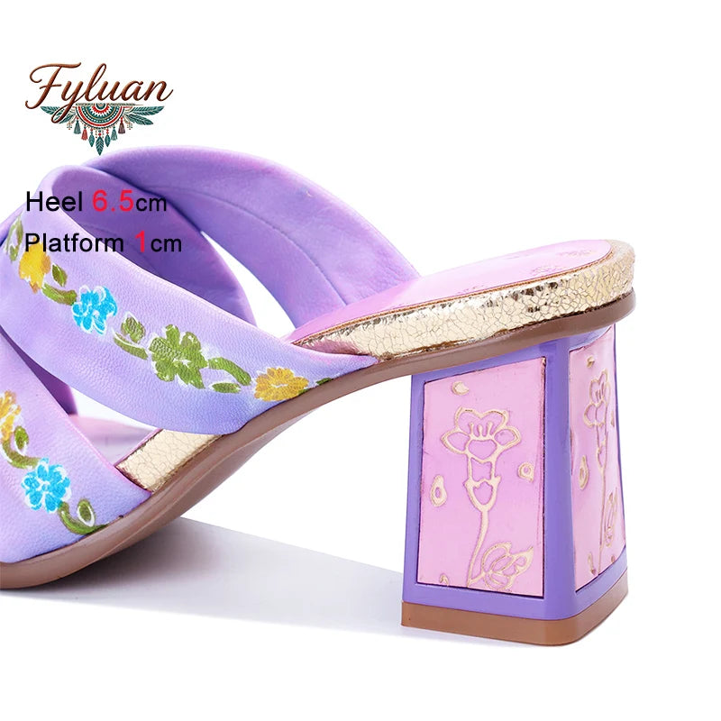 Purple Handmade Woman Slippers Luxury Party Banquet Shoes 6.5CM High Heels Summer Fashion Slide Lady Square Toe Bohemian Sandals