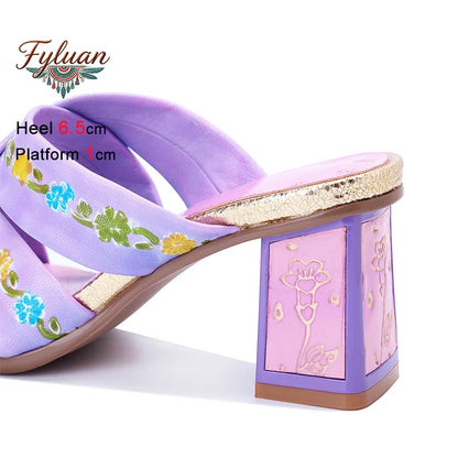 Purple Handmade Woman Slippers Luxury Party Banquet Shoes 6.5CM High Heels Summer Fashion Slide Lady Square Toe Bohemian Sandals