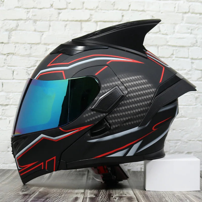 JIEKAI Motorcycle Flip Up Helmet Personality Horn Tail Motorbike Motocross Shark Moto Helmet Technology Design Full Face Casco