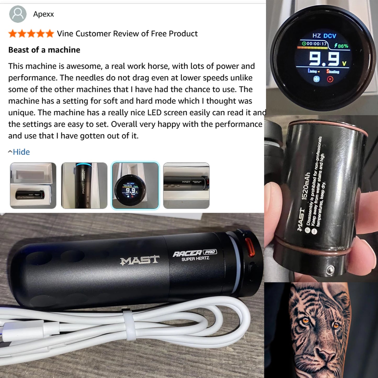 Mast Racer Pro Tattoo Machine Kit Full Set 4.2mm Stroke Wireless Battery Adjustable Power Modes(Soft/Medium/Hard) High Precision