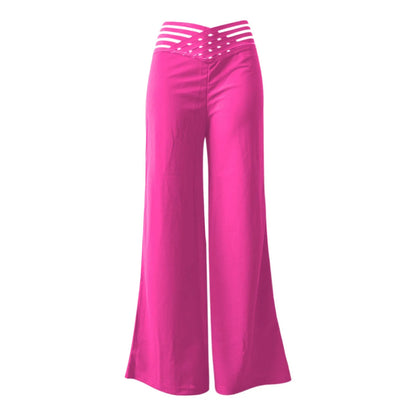 Women Wide Leg Flared Pants New Y2k Casual Crisscross Sheer Mesh Patch High Waist Trousers Elegant Streetwear Work Pants