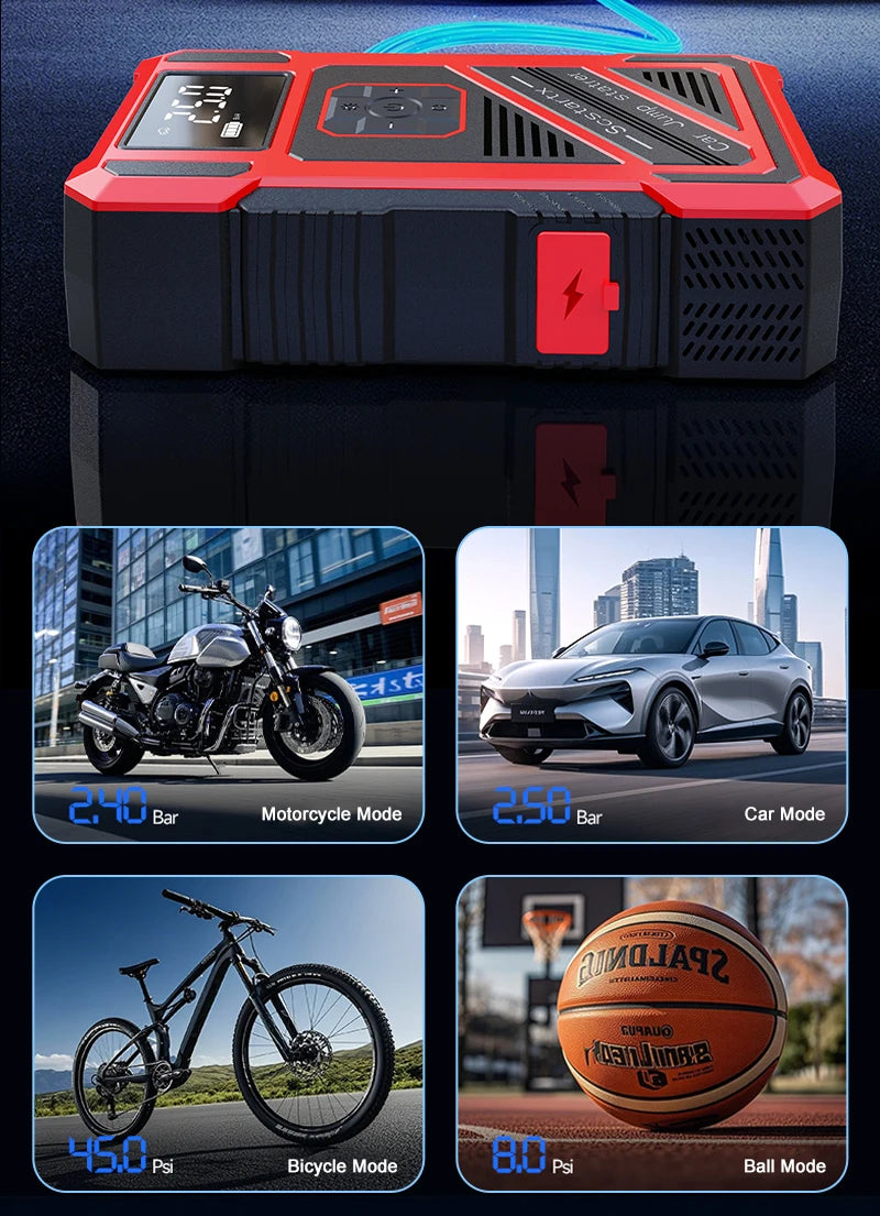 Portable 150PSI air pump, emergency car jump starter, power bank, LED lighting, air compressor,car starter suitable for all cars