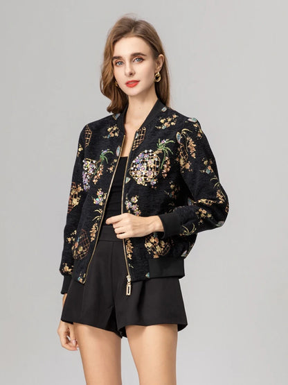 Luxury Beaded Black Jacquard Bomber Jacket Women Vintage Stand Collar Baseball Coat Elegant Embroidered Rhinestone Outerwear