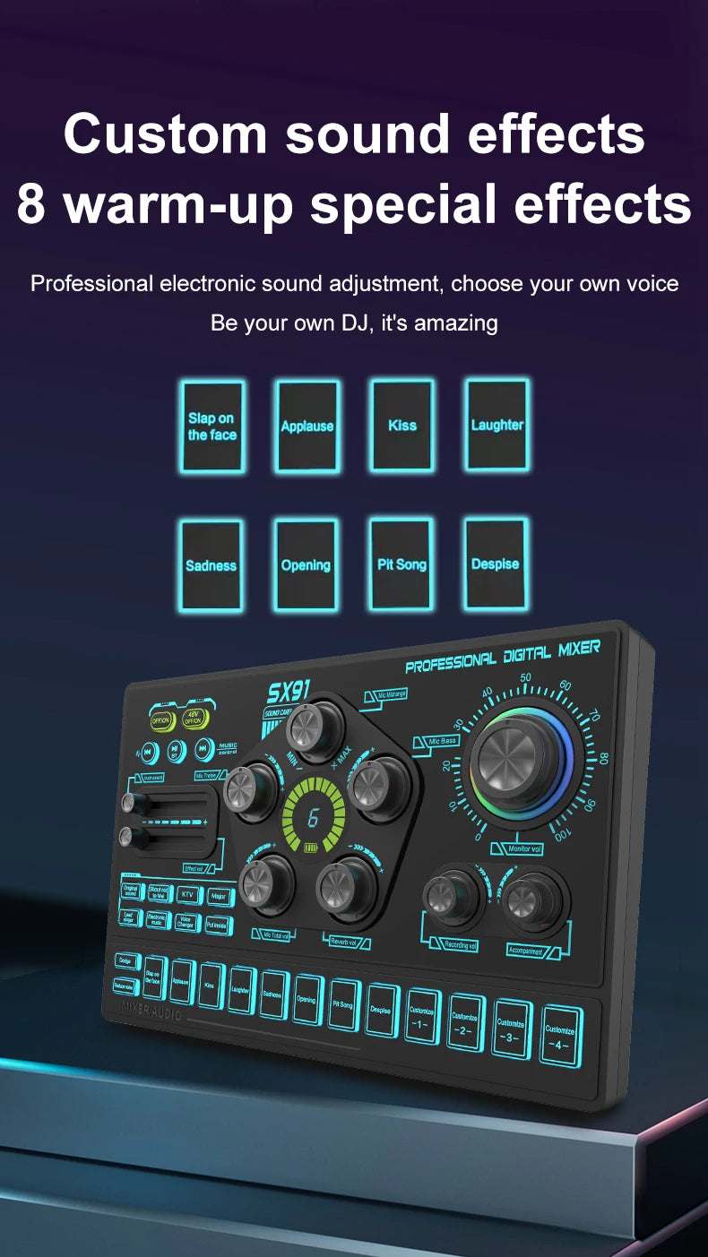 SX91 48V Audio Mixer with Voice changer,Podcast Mixer,Sound Card for Phone Gaming Karaoke Studio Live Streaming Podcast