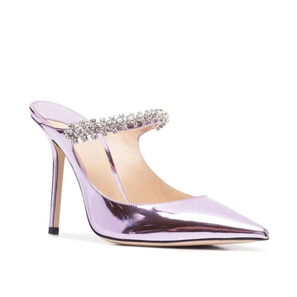 2025 New Fashionable Fine Heeled Muller Shoes with Pointed Water Diamond Chain Banquet Shallow Mouth Women's High Heel Sandals
