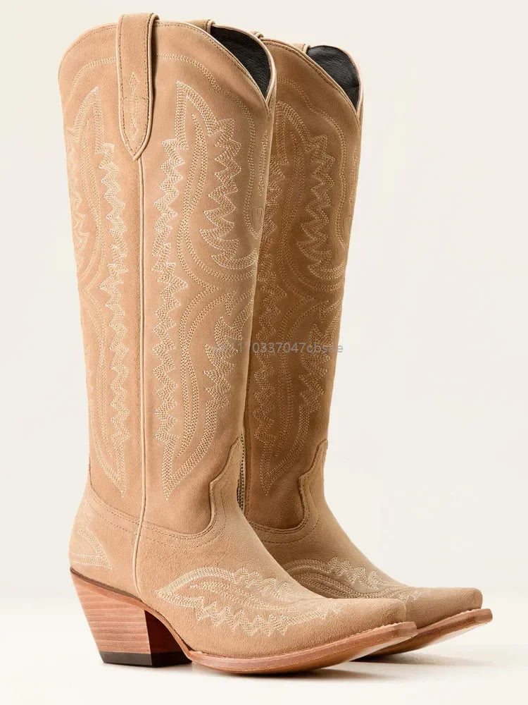 Women Western Cowboy Style Boots Pointed Thick High Heels Knee Length Embroidered Boot Autumn Block Heel Retro Casual Shoes