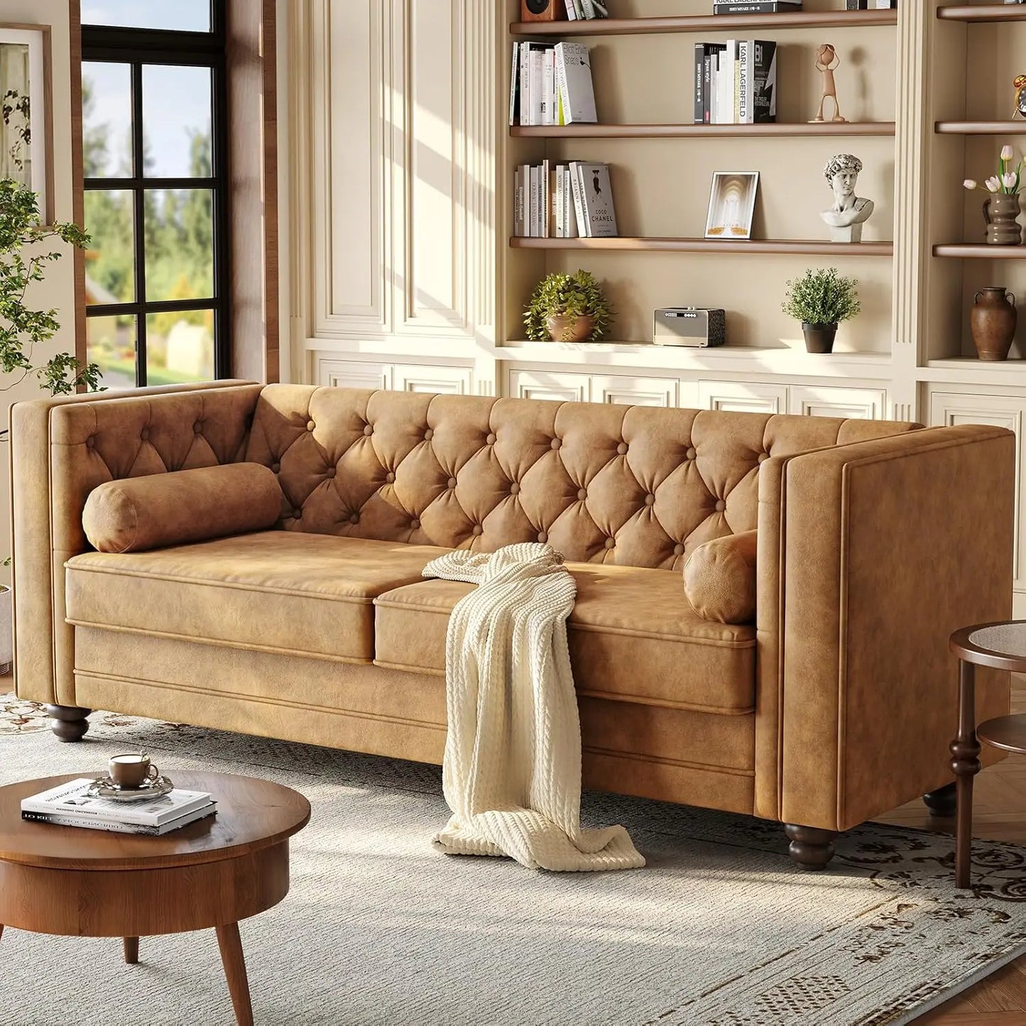 79'' Chesterfield Sofa for Living Room, Comfy Faux Leather Button-Tufted Couch with 2 Bolster Pillows and Wood, Customized