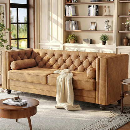 79'' Chesterfield Sofa for Living Room, Comfy Faux Leather Button-Tufted Couch with 2 Bolster Pillows and Wood, Customized