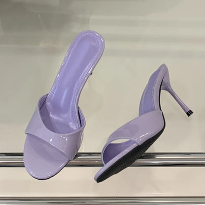 Liyke White Patent Leather Women Slippers Sandals Fashion Round Open Toe Thin High Heels Mules Slides Summer Party Dress Shoes