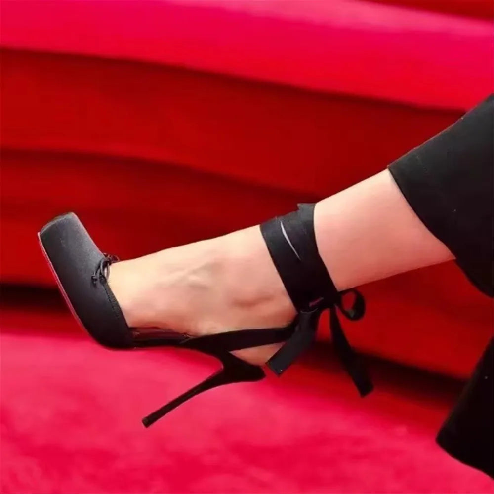 2026 Women Summer High Heeled Shoes for Woman's Square Toe Thin Heels Butterfly-Knot Pumps Sexy Ladies Ankle Strap Wedding Shoes
