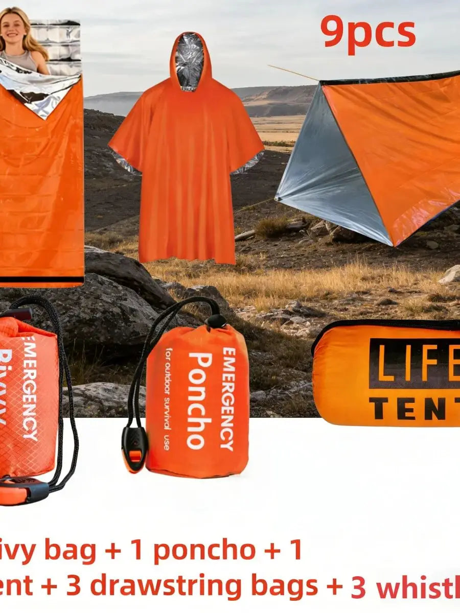 9Pcs Emergency Survival Kit, Thermal Bivvy Bag, Poncho, Tent, Whistles, Camping Gear