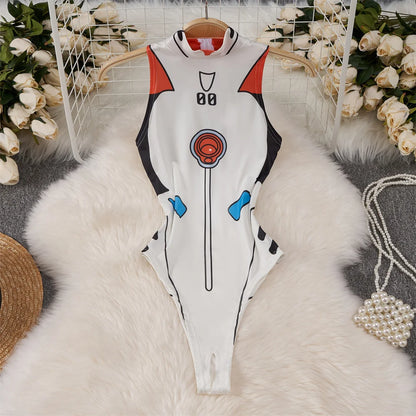 White Cute Sweet Cartoon Printed Jumpsuit Half High Collar Sleeveless Skinny Lingerie Bodycon Bodysuit Rompers Catsuits Clothes