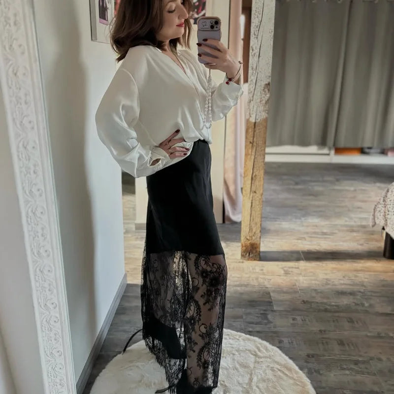 Lady Elegant Patchwork Lace Skirts Fashion High Waist Slim Hollow Out Maxi Skirts 2026 Autumn Women Brown Party Club Skirt