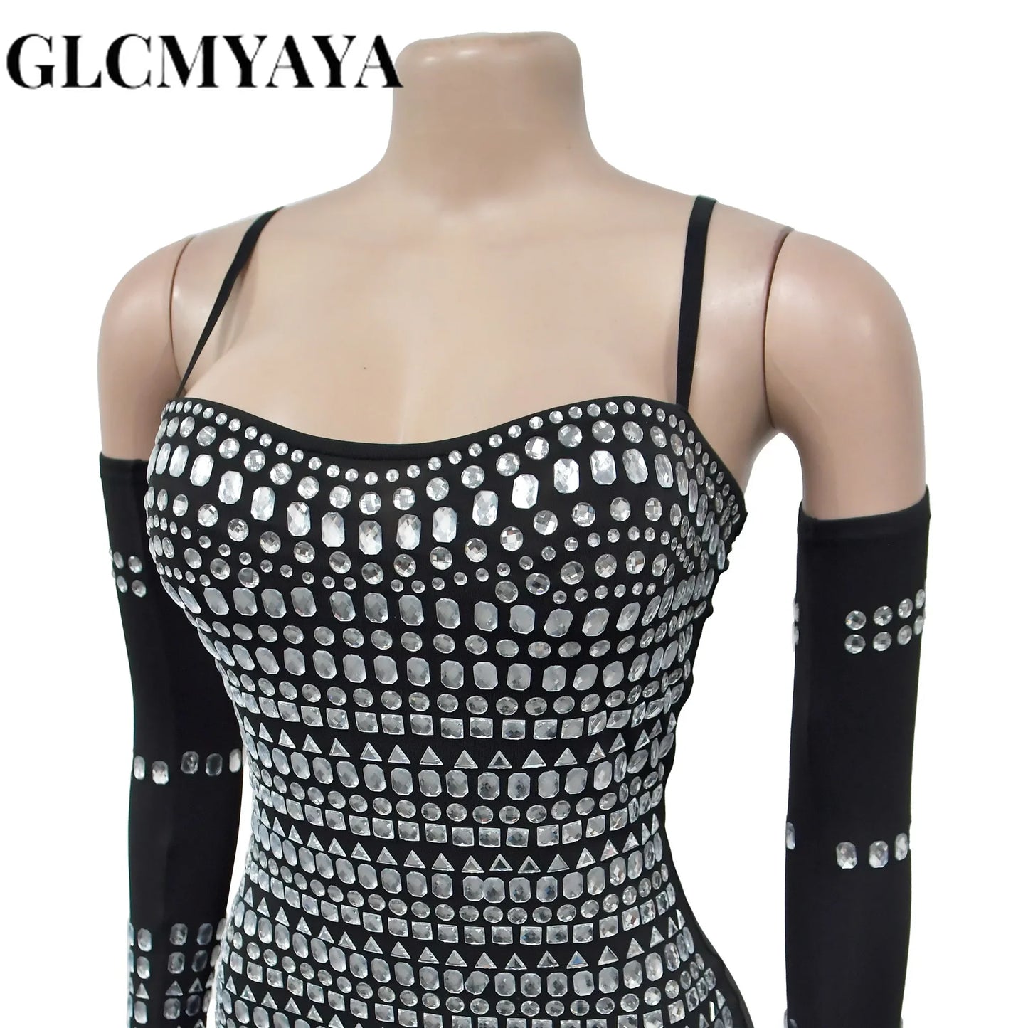GLCMYAYA Women Diamonds Hot Rhinestones Crystal Spaghetti Strap Birthday Bodycon Midi Dress Sexy Party Even Dresses Vestidos