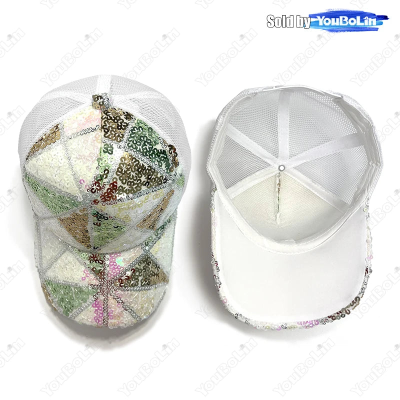 Summer Shiny Sequin Back Mesh Adjustable Cotton Baseball Cap Sun Hat
