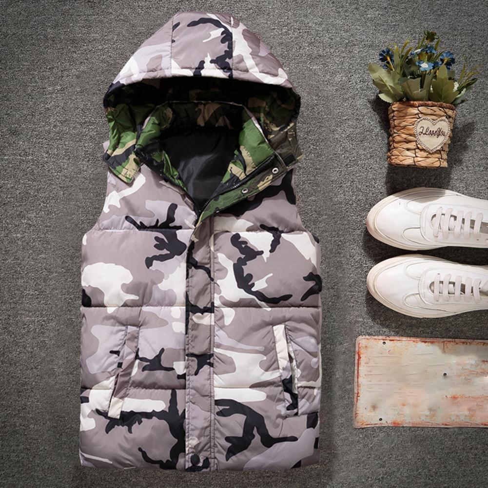 Winter Men Waistcoat Camouflage Thickened Cotton Padded Windproof Zipper Hooded Vest Coat for Daily Wear