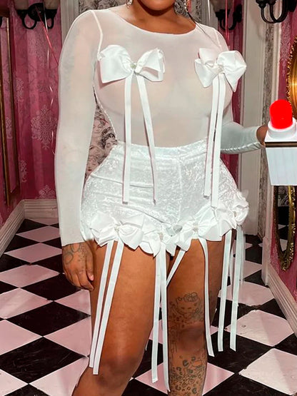 White 3D Bowknot Tassel Sexy Sheer Mesh Women Two Piece Short Sets 2026 Summer Fashion Long Sleeve Tshirt and Mini Shorts Outfit