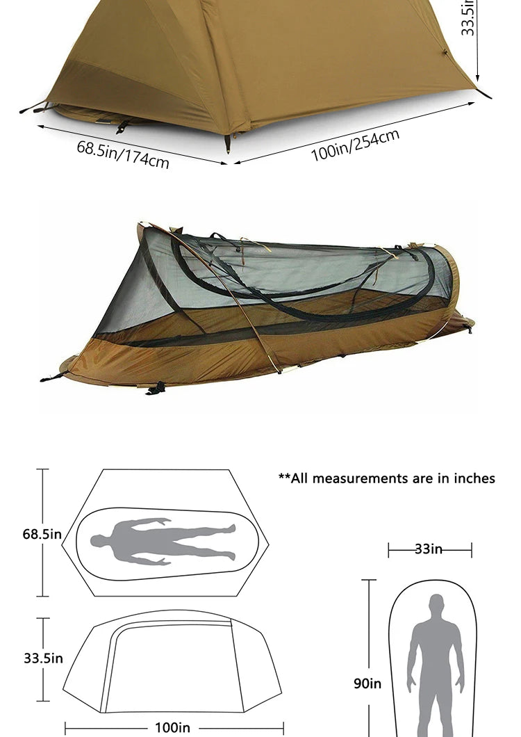 Lightweight Camping Camp bed Tent 1-2 Person Waterproof Sunproof Quick Setup 210D Oxford Backpacking Tent for Hiking Outdoor