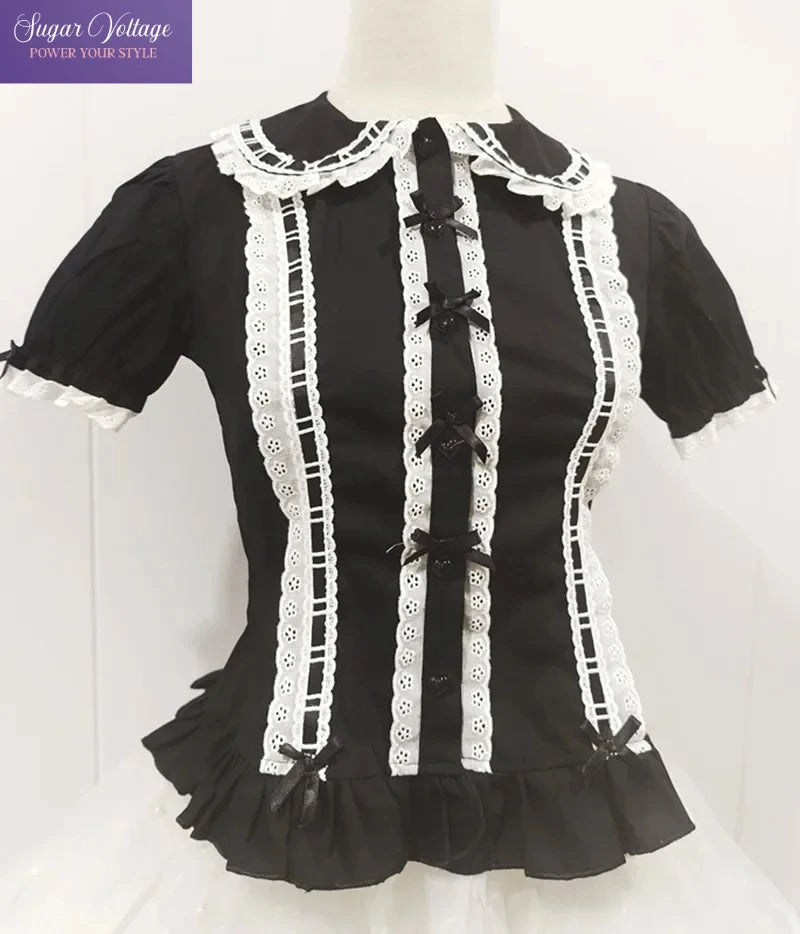 Summer Japanese Lolita Sweet Girls Short-sleeved Tops Women Goth Lace Bow Shirt Single-breasted Blouse Doll Collar Slim Tees New