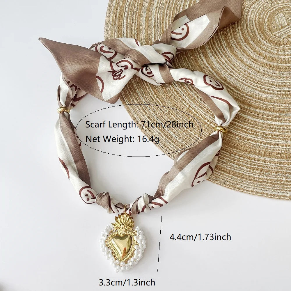 Women’s Fashion Scarf Necklace with Large Stainless Steel Heart Pendant Stackable Bandana Jewelry