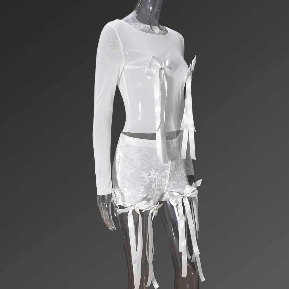 White 3D Bowknot Tassel Sexy Sheer Mesh Women Two Piece Short Sets 2026 Summer Fashion Long Sleeve Tshirt and Mini Shorts Outfit