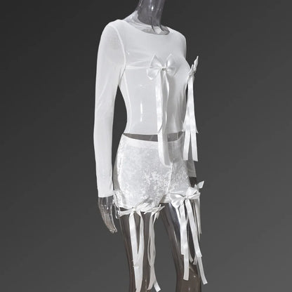 White 3D Bowknot Tassel Sexy Sheer Mesh Women Two Piece Short Sets 2026 Summer Fashion Long Sleeve Tshirt and Mini Shorts Outfit