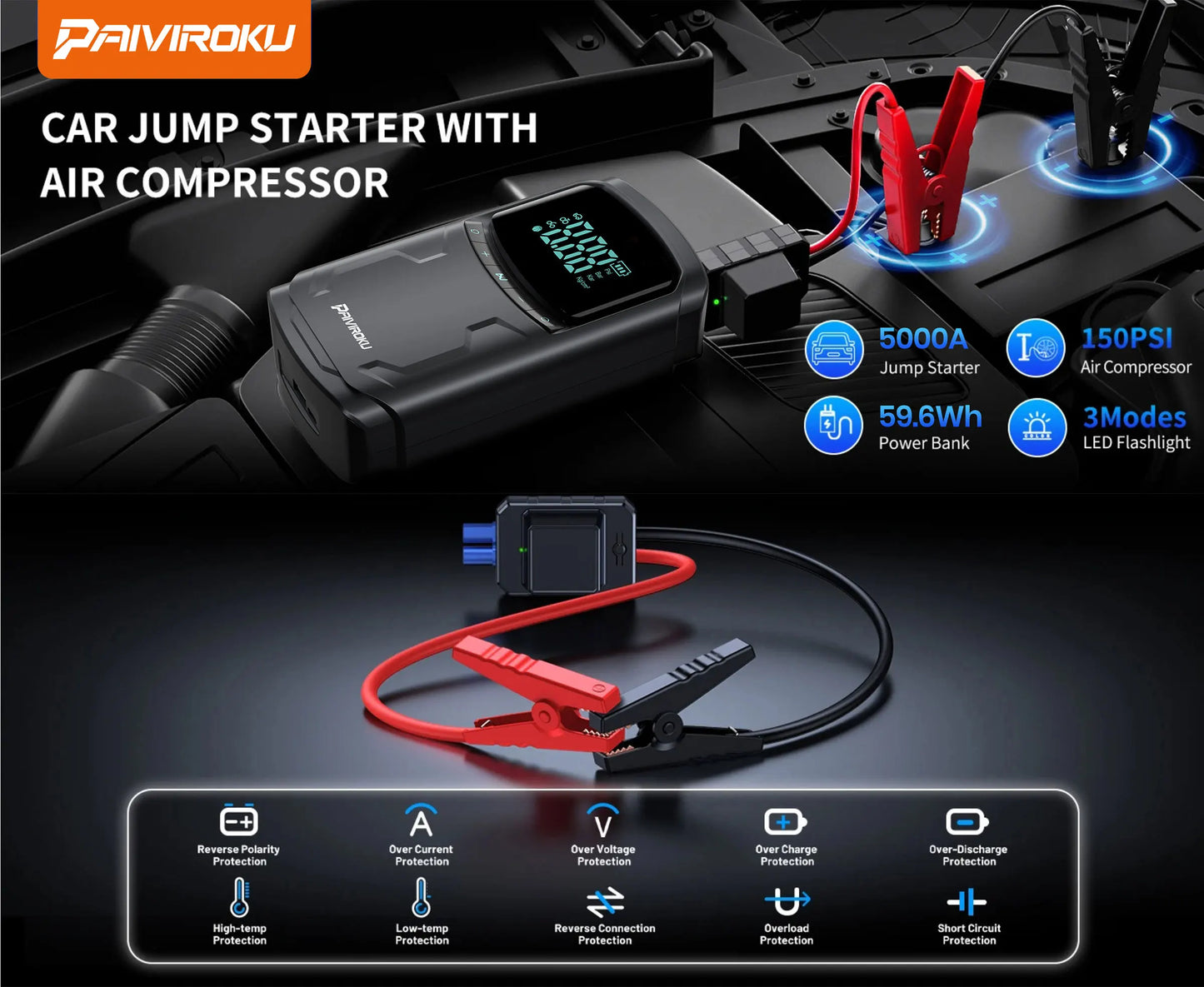 Car Jump Starter with Air Compressor Peak 5000A Auto Battery Booster 150PSI Air Pump Portable Power Bank Tire Inflator Lighting