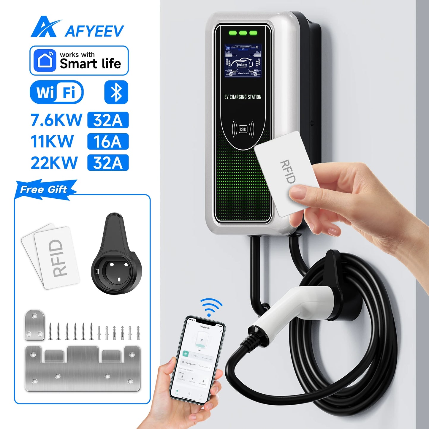 AFYEEV Type2 EV Charger 32A 7.6KW Charging Station Car Charger 11KW 22KW 3Phase EVSE Wallbox APP Bluetooth WiFi Remote Control