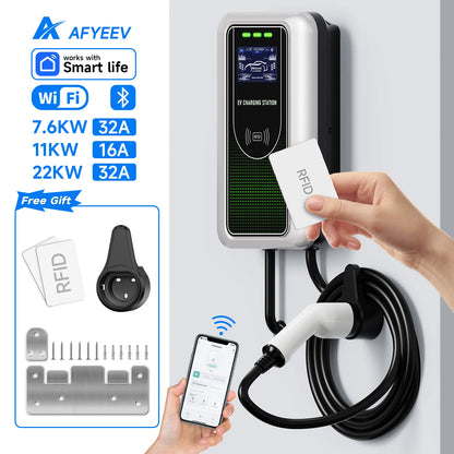 AFYEEV Type2 EV Charger 32A 7.6KW Charging Station Car Charger 11KW 22KW 3Phase EVSE Wallbox APP Bluetooth WiFi Remote Control