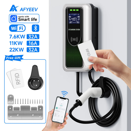 AFYEEV Type2 EV Charger 32A 7.6KW Charging Station Car Charger 11KW 22KW 3Phase EVSE Wallbox APP Bluetooth WiFi Remote Control