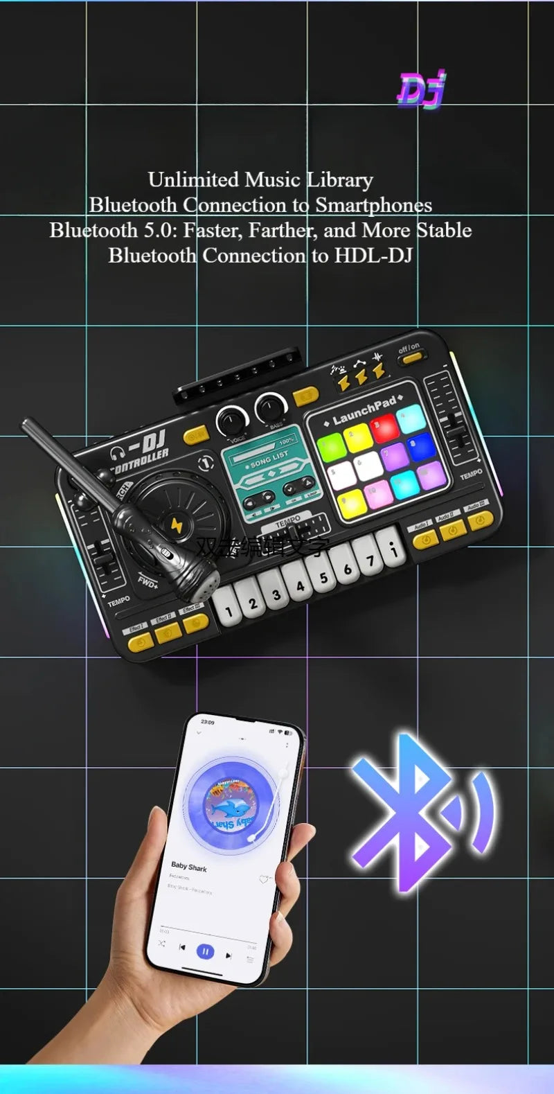 Kid DJ Mixer with Microphone Electronic Piano Keyboard Bluetooth DJ Turntable Controller Musical Instrument Kid Christmas Gift