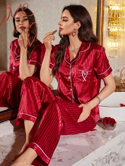 Soft Comfortable Women's Satin Silk Striped Pajama Set Short Sleeve Long Pants Lounge Sleepwear Homewear Pjs