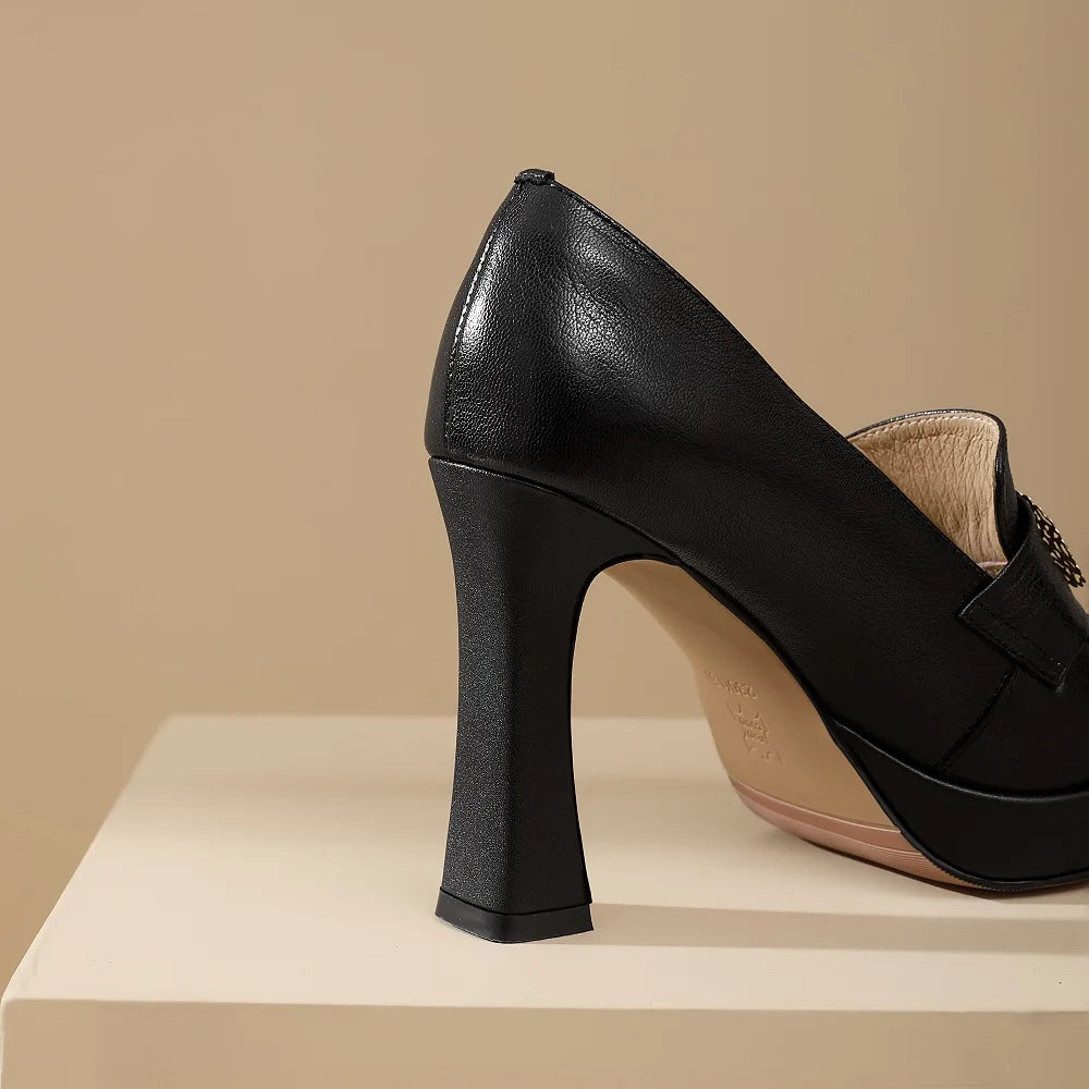 【JOCHEBED HU】Brand Genuine Leather Platform Shoes for Ladies Square Toes Women's Sewing Lines High Heels Leather