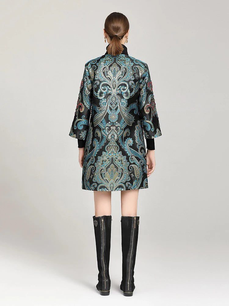 Elegant Embroidered Jacquard Trench Coat for Women 2025 | Round Neck Mid-Length Jacket | European Style Spring Fall Outerwear