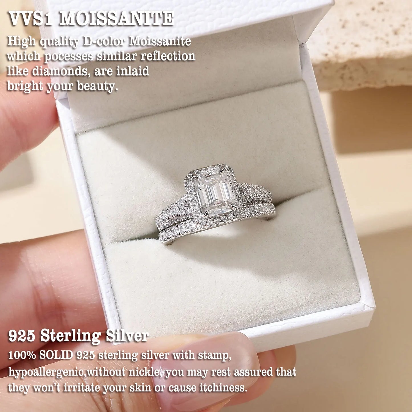 Newshe Women's Stackable VVS1 Moissanite Wedding Ring Set GRA Certified Halo Emerald Cut 925 Sterling Silver Bridal Rings