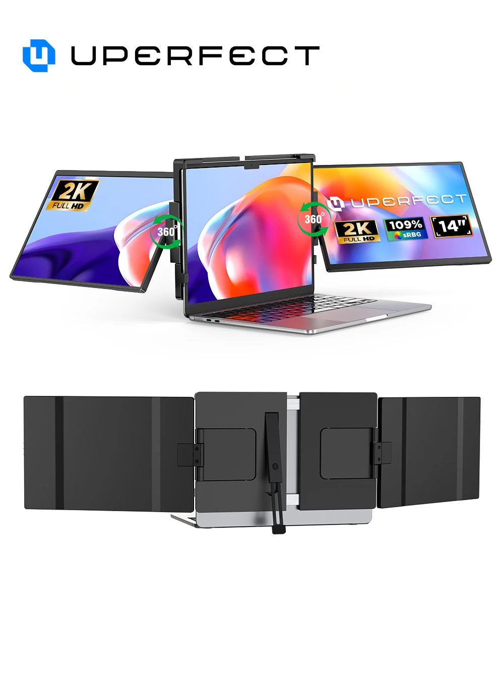 UPERFECT First 2K 14' Tri Screen Laptop Monitor Extender Triple Display 360° Rotatable Attachable Portable Monitor for Laptop