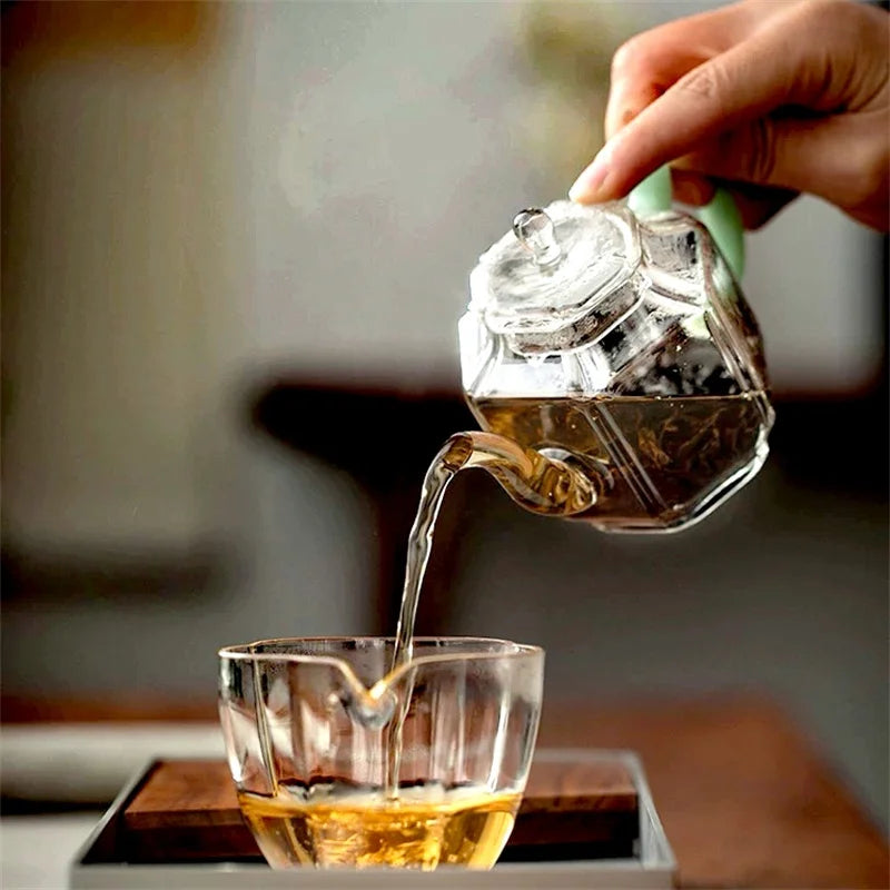 Hexagonal Imitation Jade Handle Glass Teapot Heat Resistant Small Capacity 210ml Boiling Flower Green Tea Pot Kung Fu Tea Set