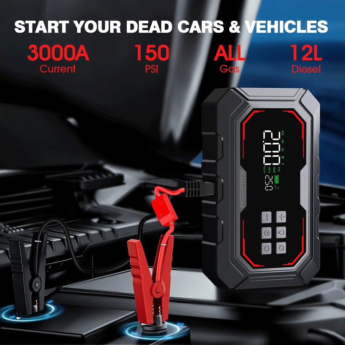 Car Jump Starter with Air Compressor Peak Auto Battery Booster 150PSI Air Pump Portable Power Bank Tire Inflator Lighting