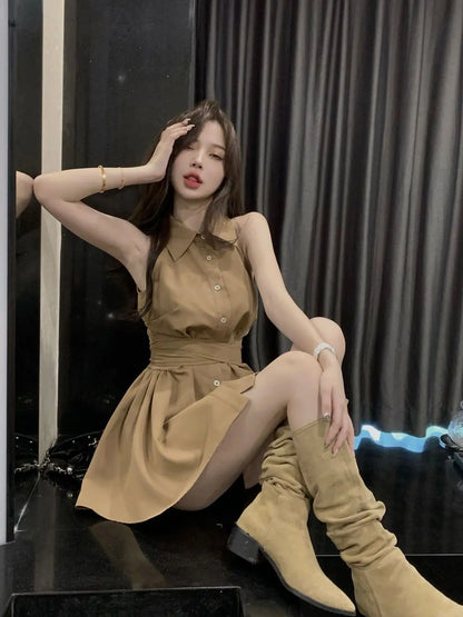 Sleeveless Dresses Women Bow Lace-up Turn-down Collar Mini High Street A-line Hotsweet Partywear Korean Fashion Vestidos Ins