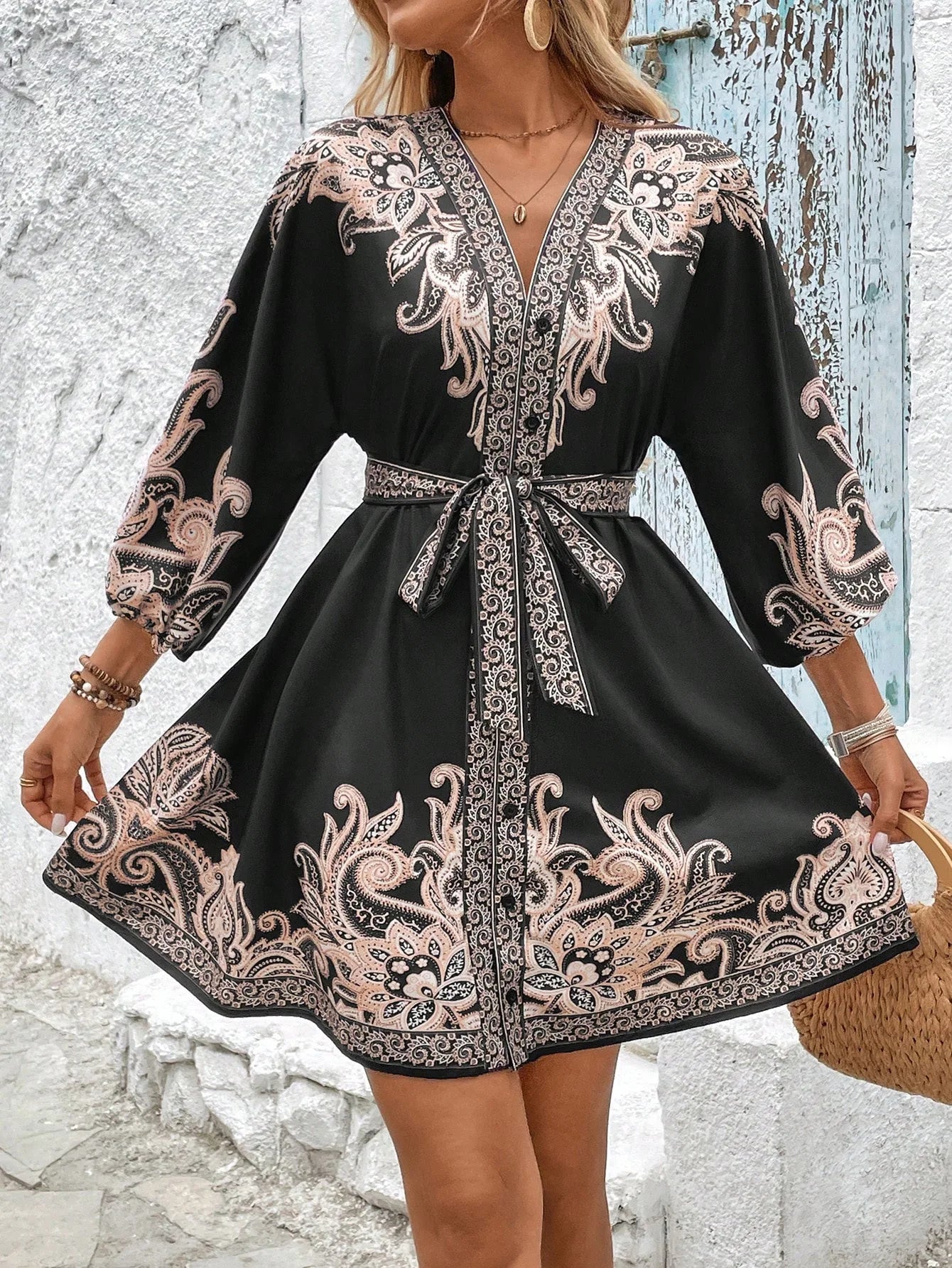 Elegant Women's Retro Printed V Neck Lantern Sleeve Dress Spring Summer Fashion Cinched Waist Lace-up Female Vacation Shortskirt