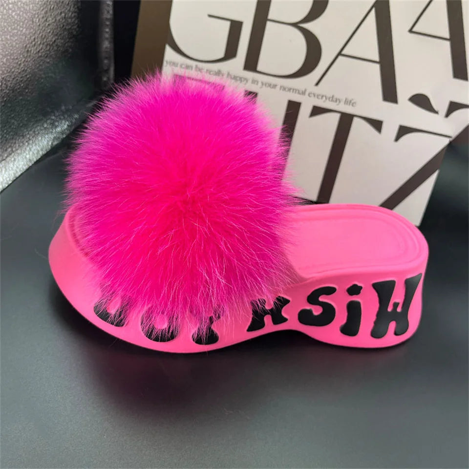 Real Fox Fur Slippers for Woman Luxury 2025 Slippers Summer Woman Sandals Thick Sole Pink Fur Slippers Fluffy Slides for Woman