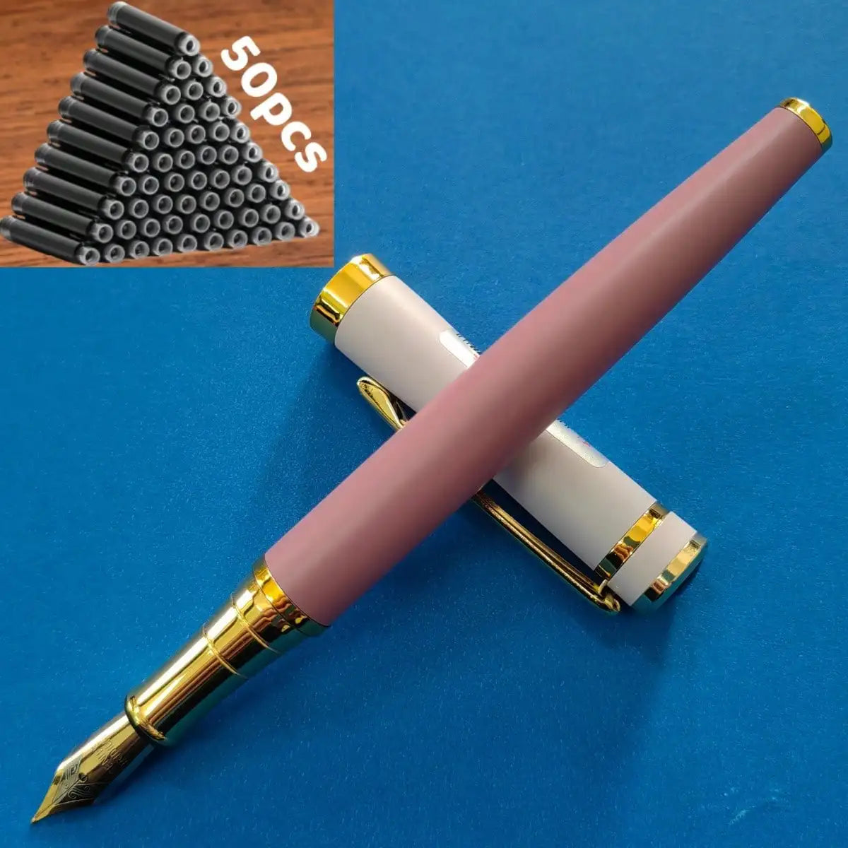 51-Piece Set (1 Pen + 50 Ink Cartridges), 0.5mm Tip, Iridium Nib, Stainless Steel Pen Body, Suitable for Calligraphy, Elegant and High-End, Luxurious and Noble, Suitable for 2.6mm Diameter, Student Stationery, Gifts, Valentin
