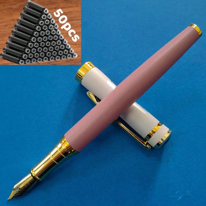 51-Piece Set (1 Pen + 50 Ink Cartridges), 0.5mm Tip, Iridium Nib, Stainless Steel Pen Body, Suitable for Calligraphy, Elegant and High-End, Luxurious and Noble, Suitable for 2.6mm Diameter, Student Stationery, Gifts, Valentin